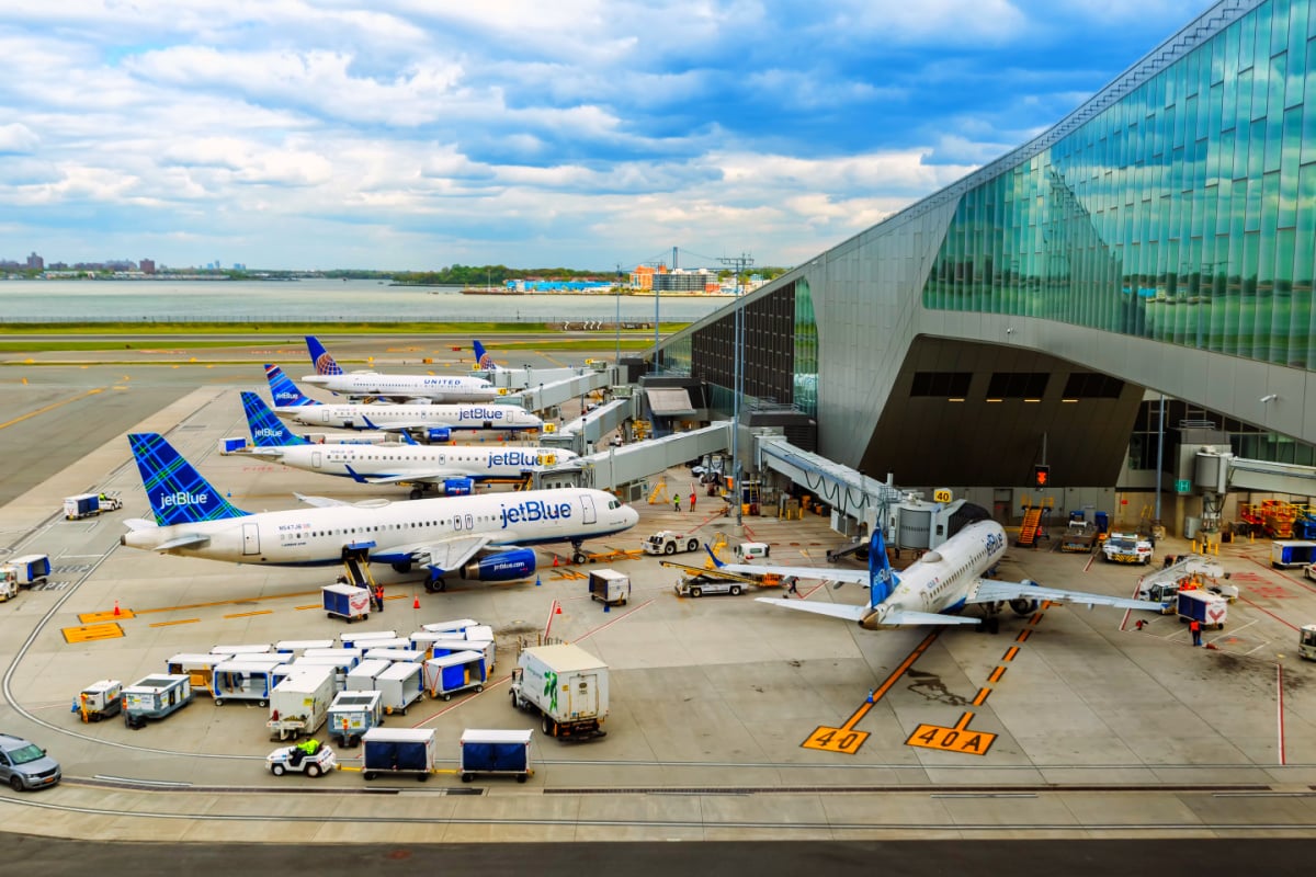 JetBlue planes in front of Terminal B at LaGuardia Airport, New York