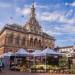 Street market in Ipswich, UK on sunny day
