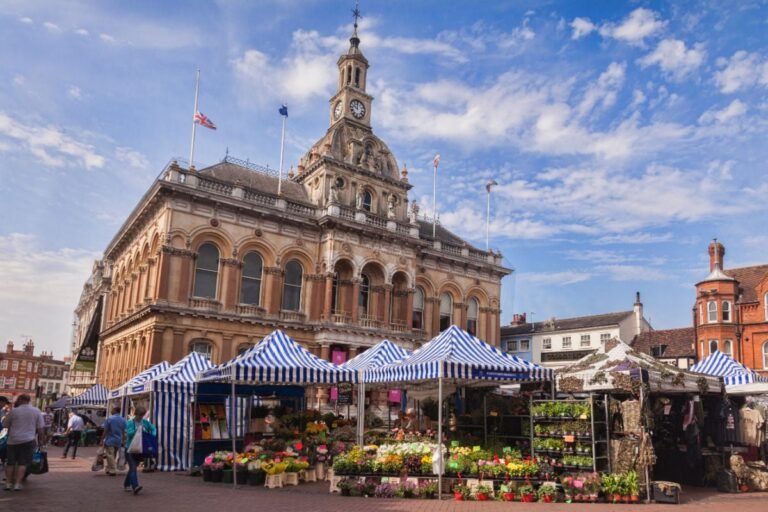 Street market in Ipswich, UK on sunny day